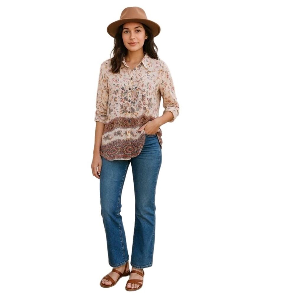 Unity World Wear Sheer Boho Floral Tunic Blouse Button Tab Sleeve Medium